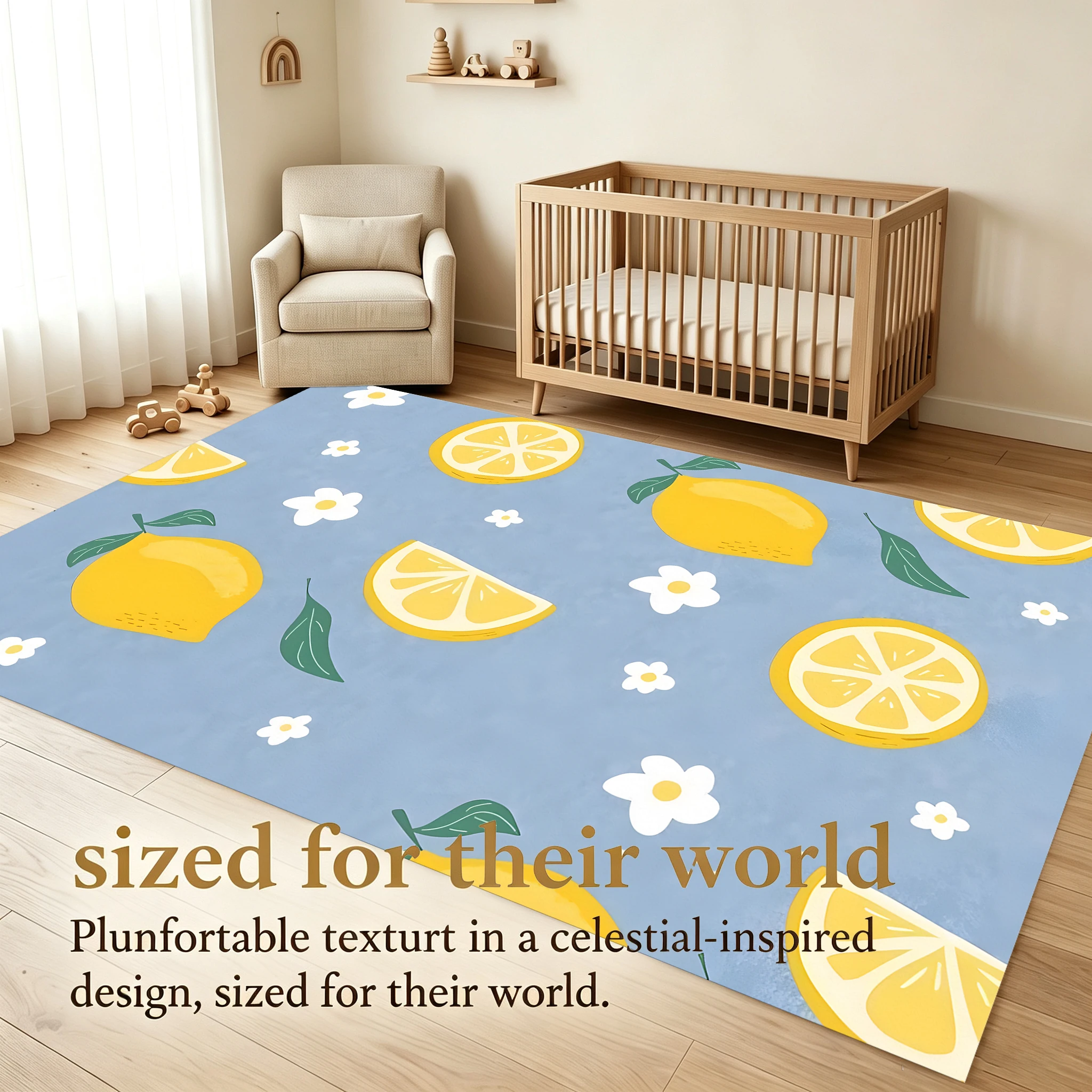 2D Carpet with Fresh Lemon Small Flower Pattern in a Soothing Fresh Style for Living Room, Bedroom, and Bedside
