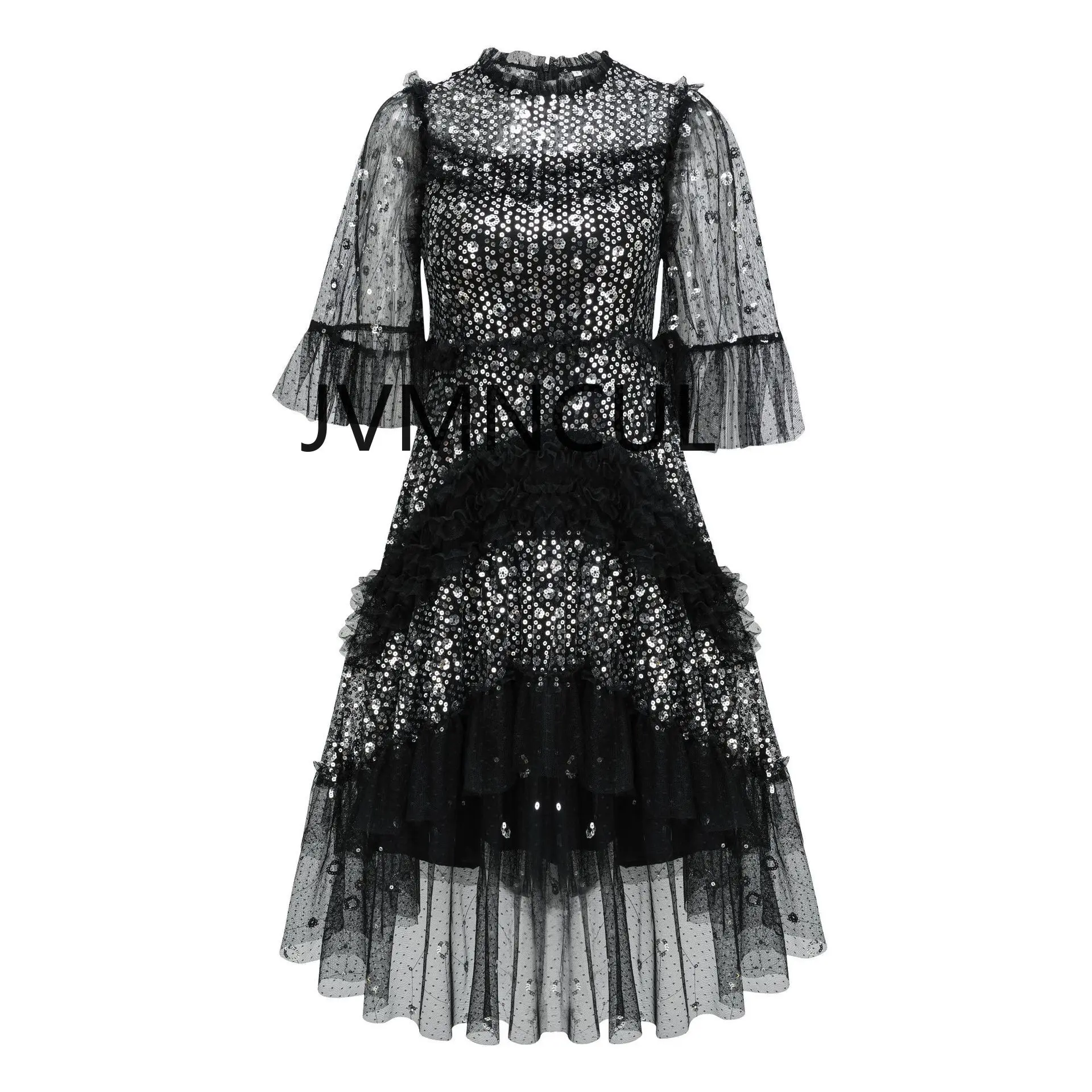 Glinsterende A-lijnjurk voor feesten 2025, Europese en Amerikaanse zware mini-jurk met ronde hals voor feesten