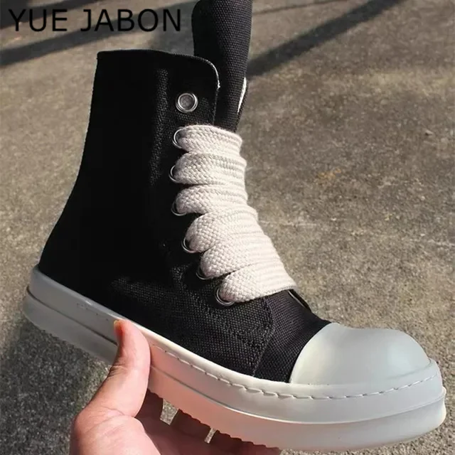 Men\'s Women High-top Canvas Sneakers Black Leather Zipper Lace Up Casual Shoes Thick Bottom Sneakers Chaussure Femme Ankle Boots