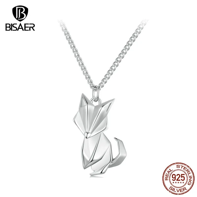 BISAER 925 Sterling Silver Little Fox Necklace Pendant Cute Animals Adjustable Chopin Chain For Elegant Women Party Fine Jewelry