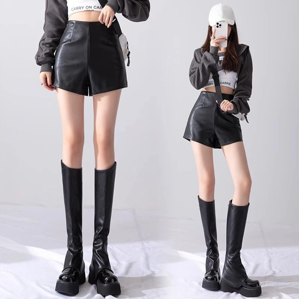 Black PU Leather Shorts, Invisible Open Crotch, High Waisted, Slim, Casual, Straight Leg Pants, Outdoor Sex