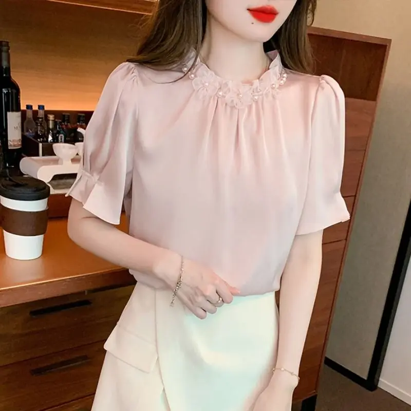 Women Summer Fashion Trend Loose Ruffles Solid Color Short Sleeve Shirts Women Clothes Casual All-match Appear Thin Pleated Tops