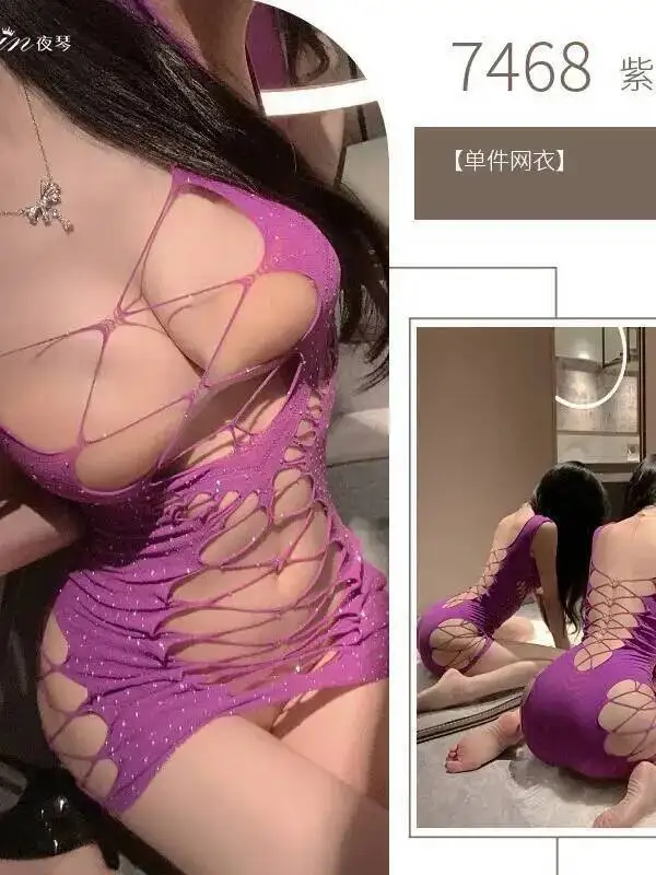 Robe Sexy élégante résille ouvert entrejambe uniforme femmes violet maille dentelle pure chaude Sexy Mini robe 2025 nouveaux hauts doux BNK8
