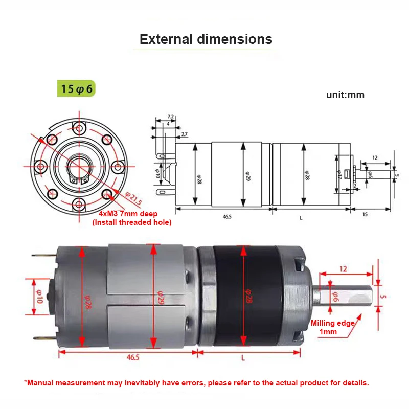 28mm 60kgf.cm DC Planetary Gear Reduction Motor 28GP-395 12V 24V High Torque Speed Adjustable Can CW CCW Electric Motor
