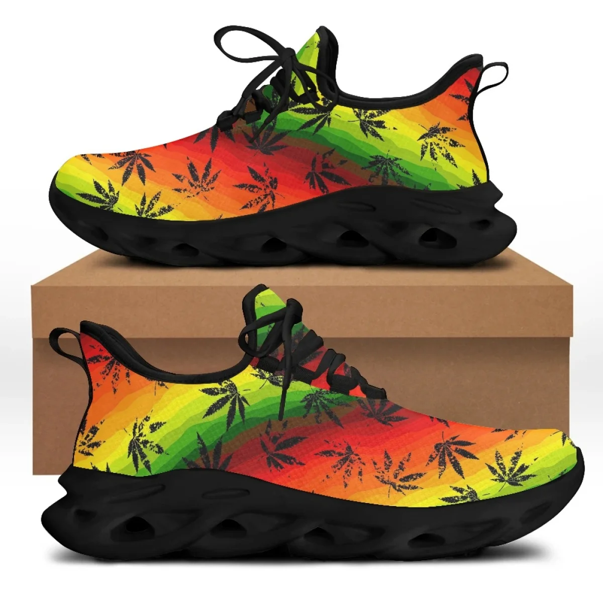 CYWGIFT Fashion Gradient 3D Weed Leaves Print Flat Shoes for Women Lightweight Eva Outsole Walking Sneakers Breathable Footwear