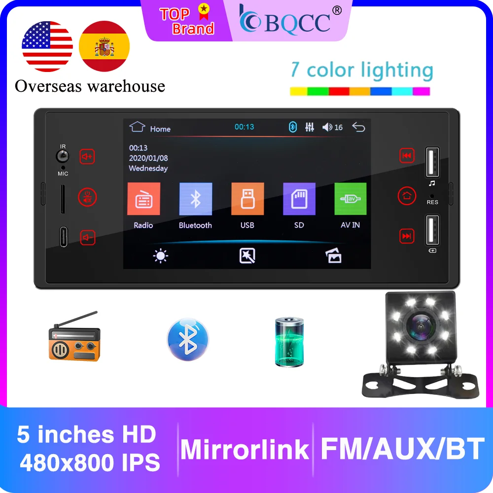 BQCC 1Din 5 بوصة تعمل باللمس سيارة MP5 Palyer FM AUX BT أضواء ملونة ميرورلينك مدخل الفيديو USB TYPE-C راديو شحن الهاتف