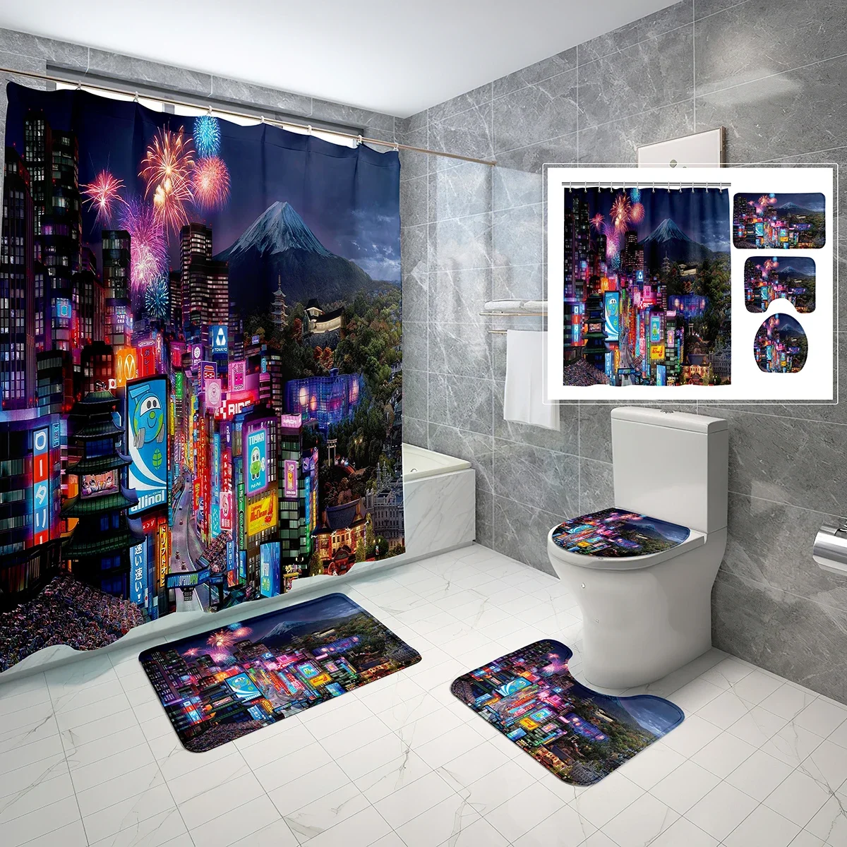 4 PCS Night View Shower Curtain Sets,Modern Neon City Art Bathroom Waterproof Bath Curtain,Non-Slip Bath Mat Toilet Cover Set