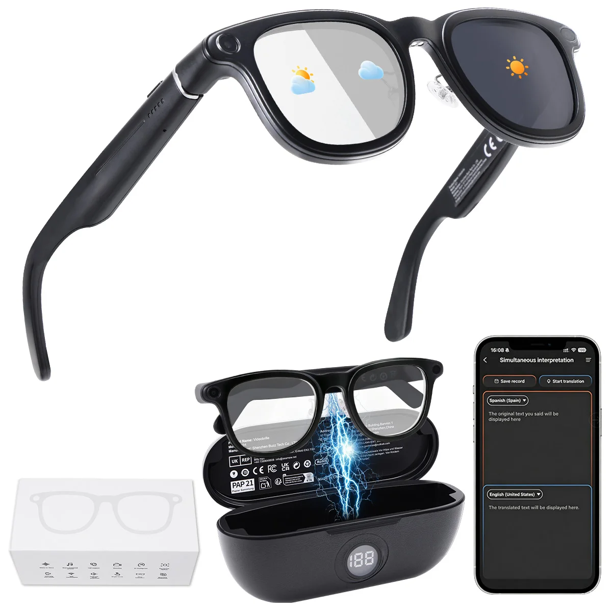 Hganus Neue Verbesserte 800W KI Smart Glasses mit Kamera, 3600 mAh Akku Case, Intelligente Übersetzung, Foto & Video Aufnahme, Sonnenbrille, Kompatibel mit ChatGPT, App, WiFi 4 & BT 5.3