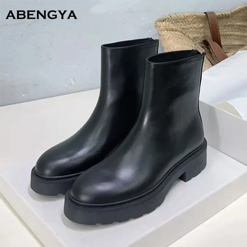 

Winter Black Leather Platform Ankle Boots Women Thick Sole Casual Short Boots Designer Casual Party Flat Motorcycle Boots Women