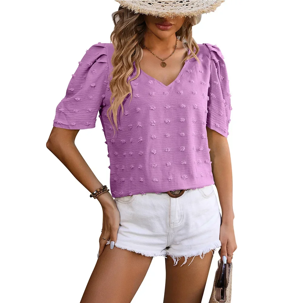Blusa De manga corta De verano para Mujer, Tops, Blusas De Mujer De Moda 2021, blusa para Mujer con cuello en V, blusa con bola De pelo, Tops, camisas para Mujer