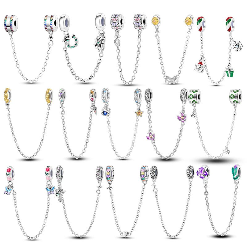 New 925 Sterling Silver Charms Buttefly Daisy Safety Chain Cat Paw Change Beads Fit Original Bracelet Ladies DIY Jewelry