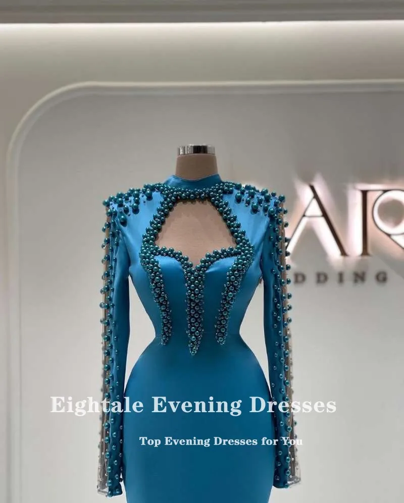 Eightale Dubai Avondjurken 2022 Kralen Parels Hoge Hals Lange Mouwen Satin Mermaid Prom Gown Arabisch Party Dress Custom Made