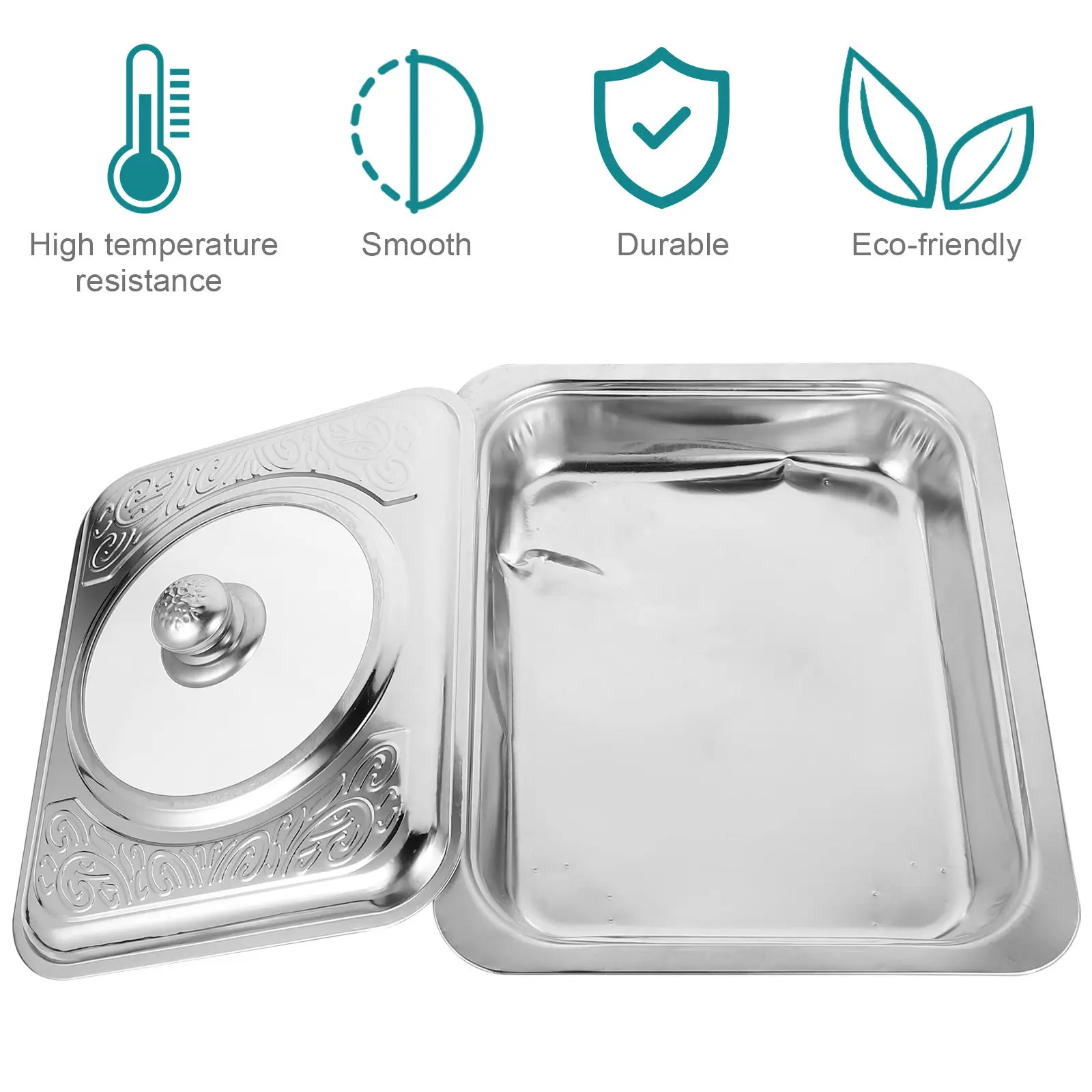 

1Pcs Stainless Steel Rectangular Food Tray Smooth Surface Easy Clean Rounded Corners Transparent Cover Dish Tray for Party Snack
