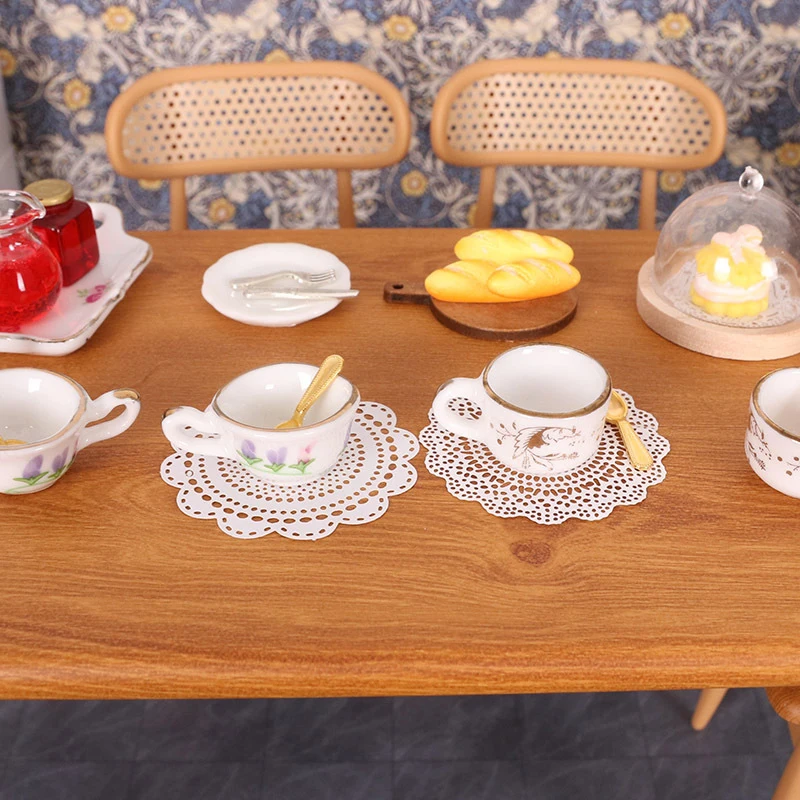 1Set 1:12 Dollhouse Miniature Ceramic Tea Cup Hollow Lace Coaster Spoon Kitchen Tableware Model Decor Toy Doll House Accessories