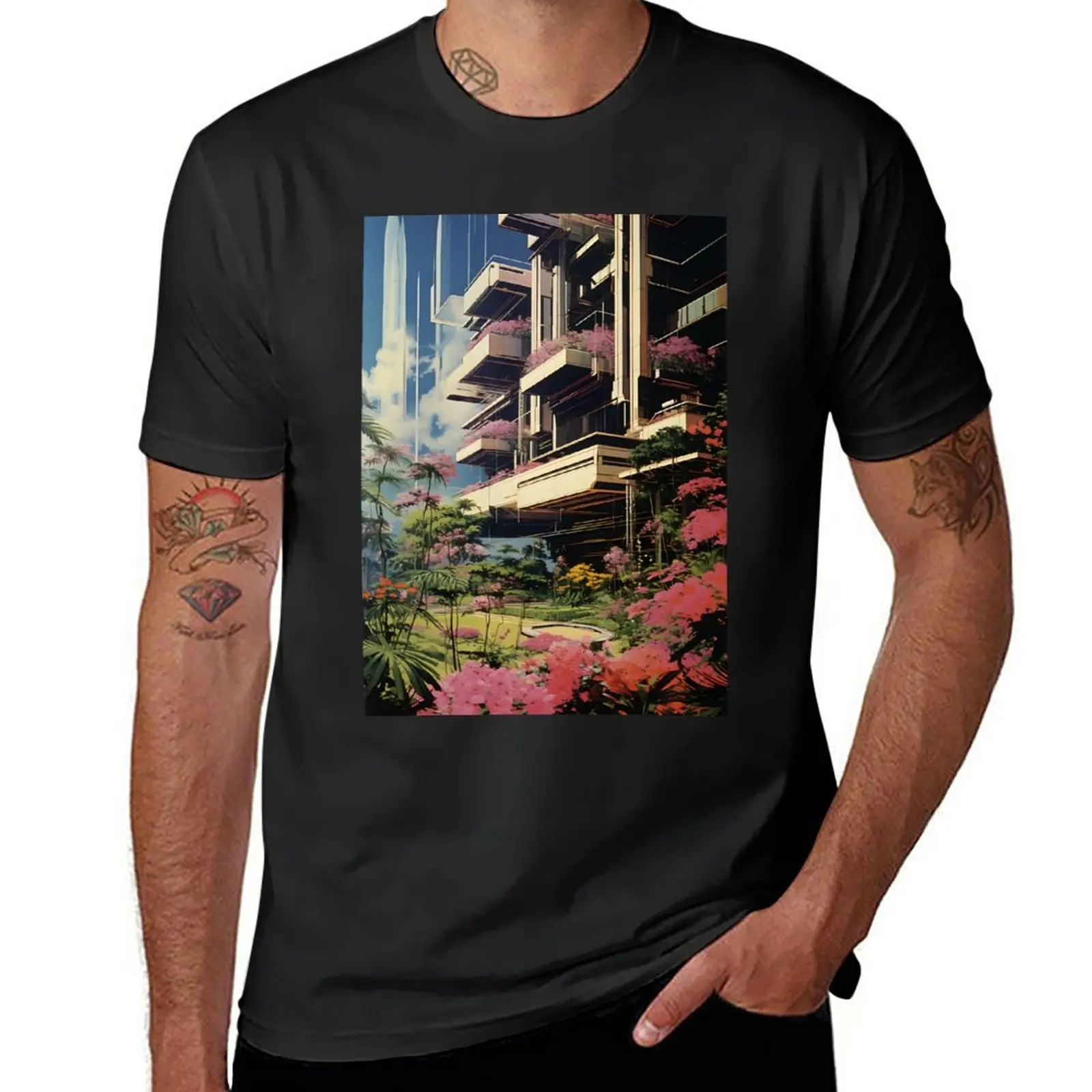 New Futuristic Utopian Cityscape with Glass Floral Facade of Skyscraper, Unity with Nature T-Shirt