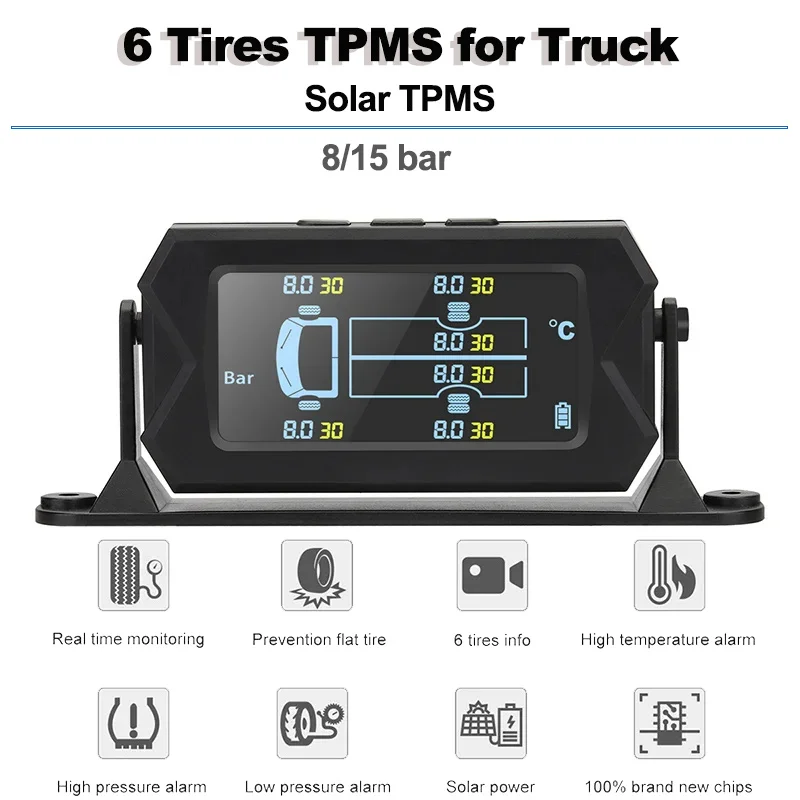 8/15 Bar Truck TPMS Tire Pressure Monitoring System With 6 External Sensors Wireless 180 Adjustable Bracket Waterproof LCD Alarm