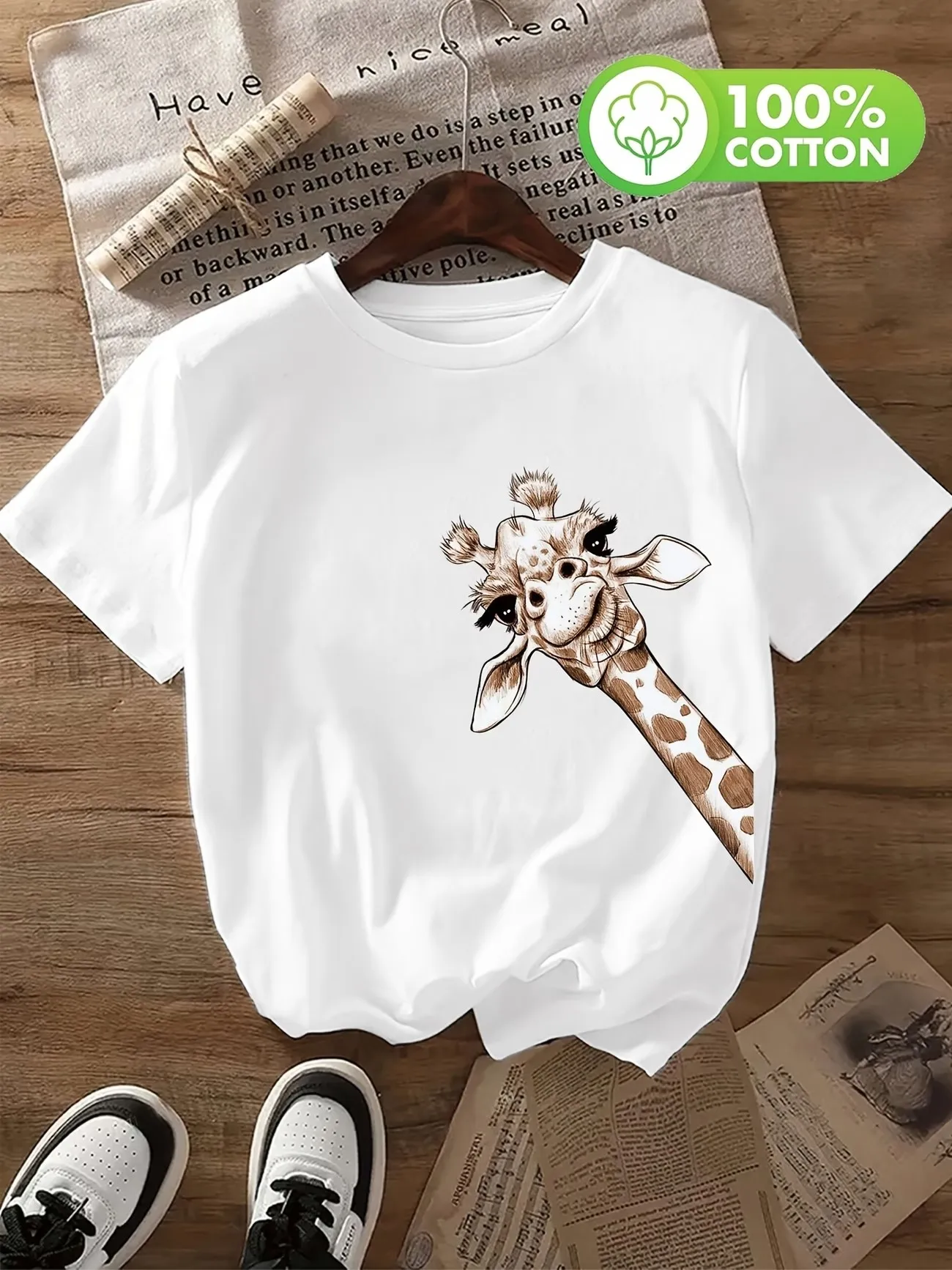 2026 New Cute Giraffe 100% Cotton Women's Retro Kawaii Giraffe Print T-Shirt Soft Crew Neck Short Sleeve Top Vintage Shirt