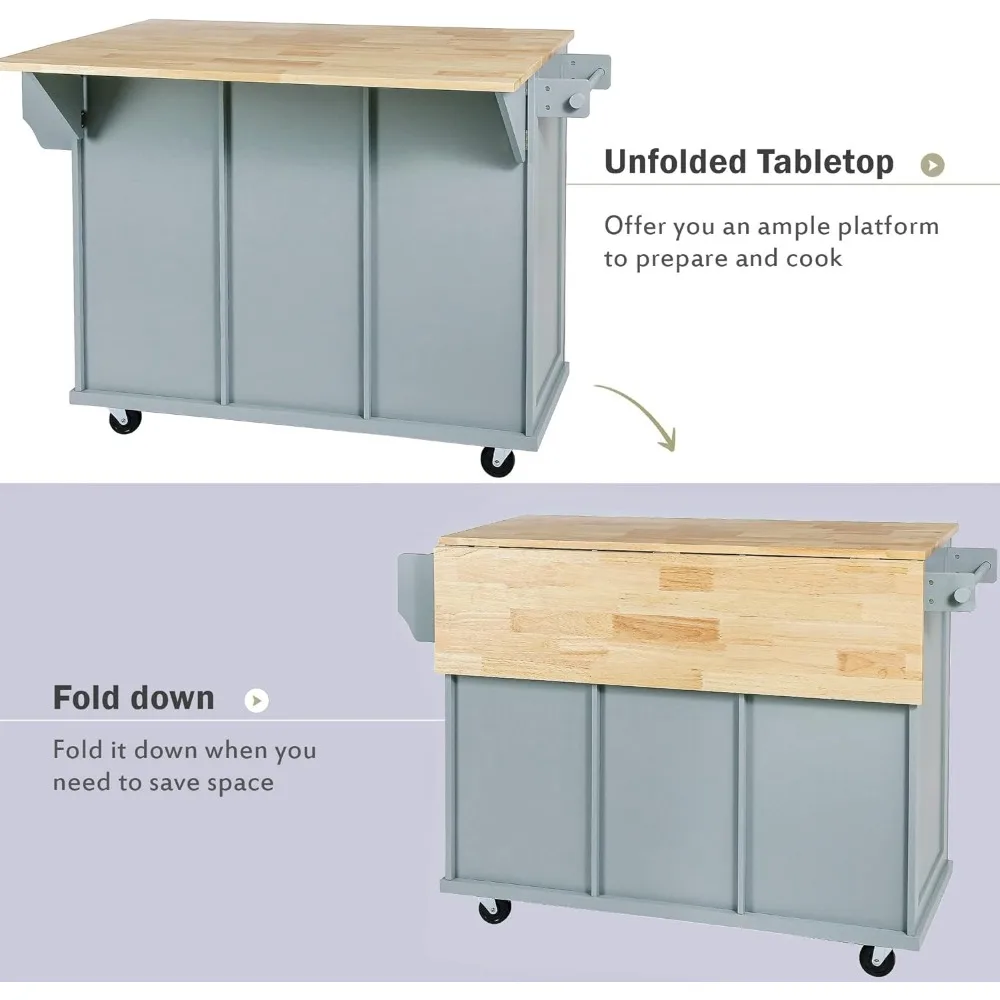 53.10" Kitchen Cart on 5 Wheels with Storage Cabinet, Mobile Kitchen Island with Rubberwood Drop-Leaf Countertop