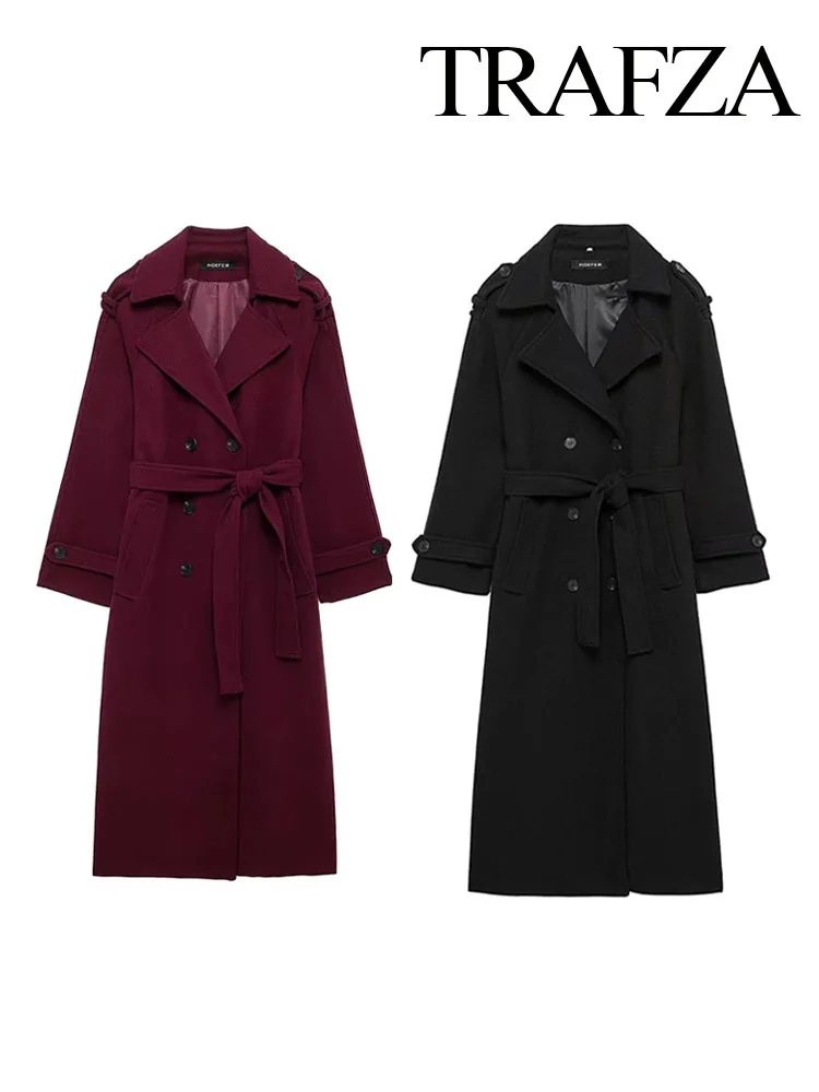 TRAFZA Women Fashion Coats Solid Turn-Down Collar Long Sleeves Pockets Double Breasted Belt Female Winter Elegant Slim Coats