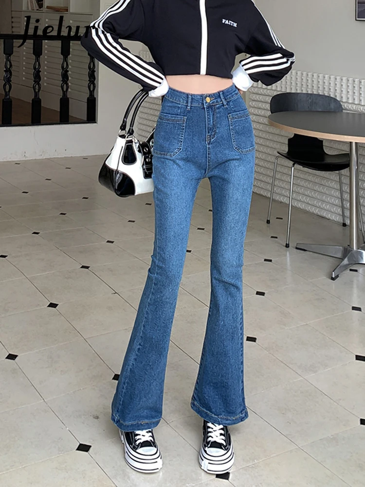 

Jielur Classic Blue Retro High-Waisted Jeans Women Korean Denim Trousers Autumn New Casual Skinny Slim Flare Pants Female S-XL