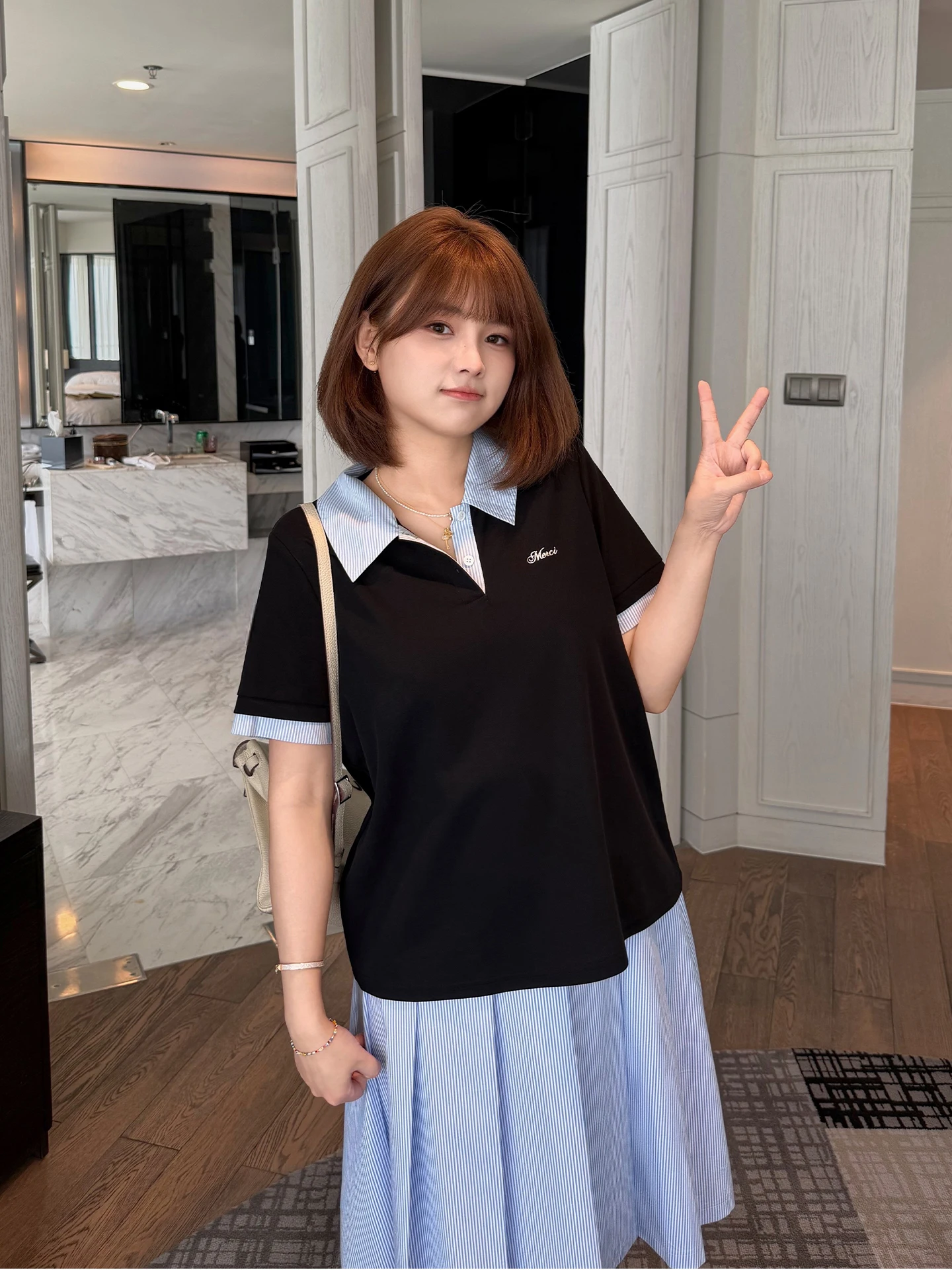 

New Arrival plus Size Women's Short Sleeve Half Skirt Set College Style Cotton Polyester Blend High Waist A-Line S...