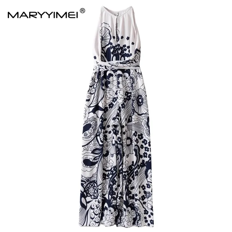 

MARYYIMEI Summer Fashion Designer Women's Jumpsuit Sleeveless Vintage Print Lace up Wide Leg Pants Loose Jumpsuit