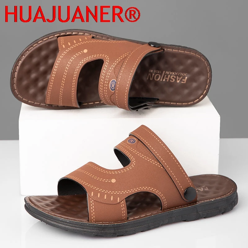 2025 Men's Summer New Sandals and Slippers Men's Leather Sandals Adult Thick-soled Beach Shoes Non-slip Open-toe Leather Sandals
