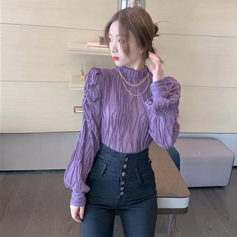 Spring New Women\'s Fashion Versatile Western Purple Fold Lace Standing Neck Bubble Sleeve Top Autumn Elegant and Comfortable Top