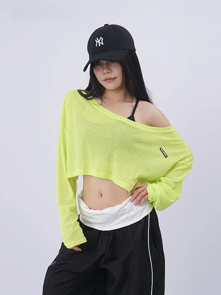 Sexy American Style Short Sleeveless Long Sleeve Sun Protection Cover up Top Women's Belly Baring Jazz Dance Shoulder Baring Top