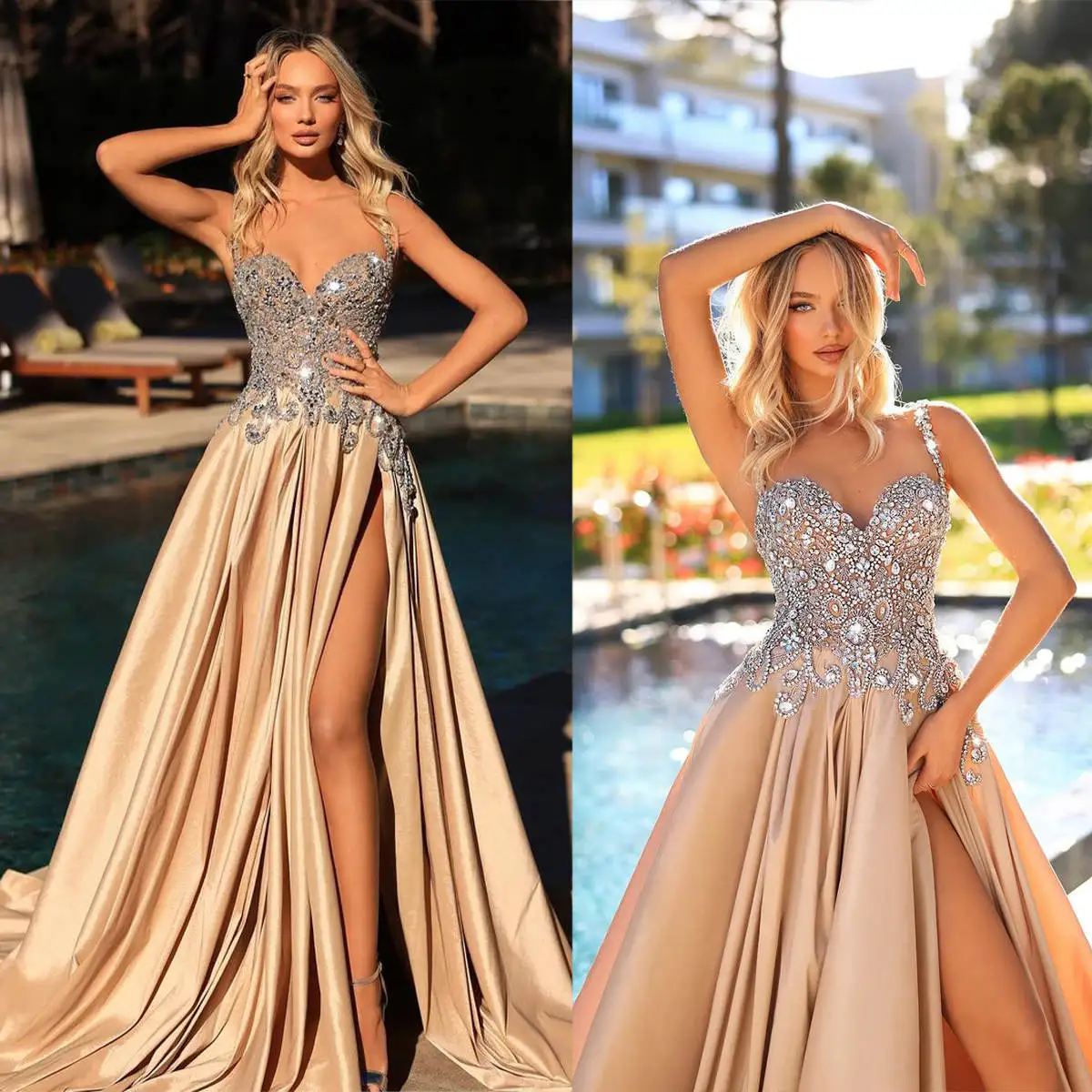 

Elegant A Line Evening Dresses Big Crystal Beading Spaghetti Straps Prom Gowns Champagne Pageant Party Dress