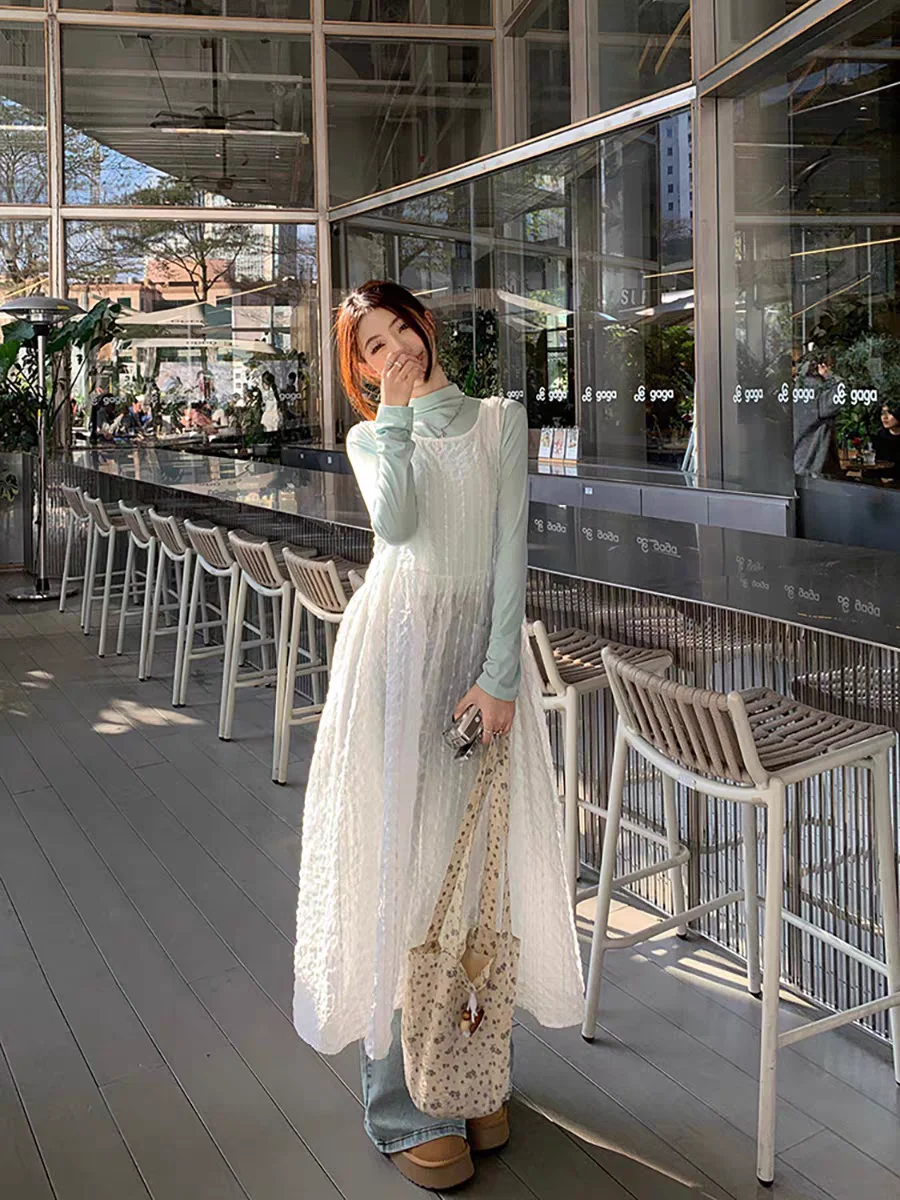 マタニティドレス-ホワイトレース-長袖-tt-オーバーラップ-春夏-ミディスカート-薄いベルト-ツーウェイストラップ-カジュアル-ラウンドネック-ナイロン