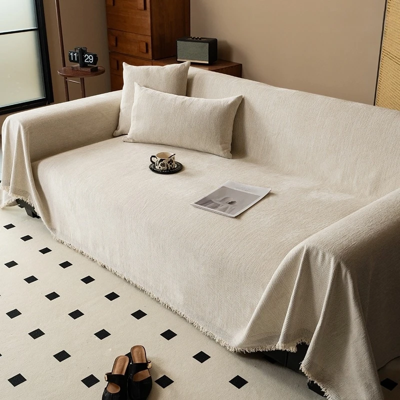 Minimalistisches Chenille-Sofahandtuch im Herribone-Stil mit Quastenrand, Sofabezug, Decke, Heimdekoration, Freizeit, Entspannung, Strandtuch – Detail 9