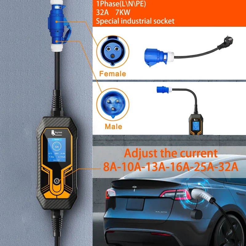 feyree Portable EV Charger Type2 7KW 32A 1Phase 5m Cable Current Adjustable EVSE Wallbox Charging Box for Electric Car Charger