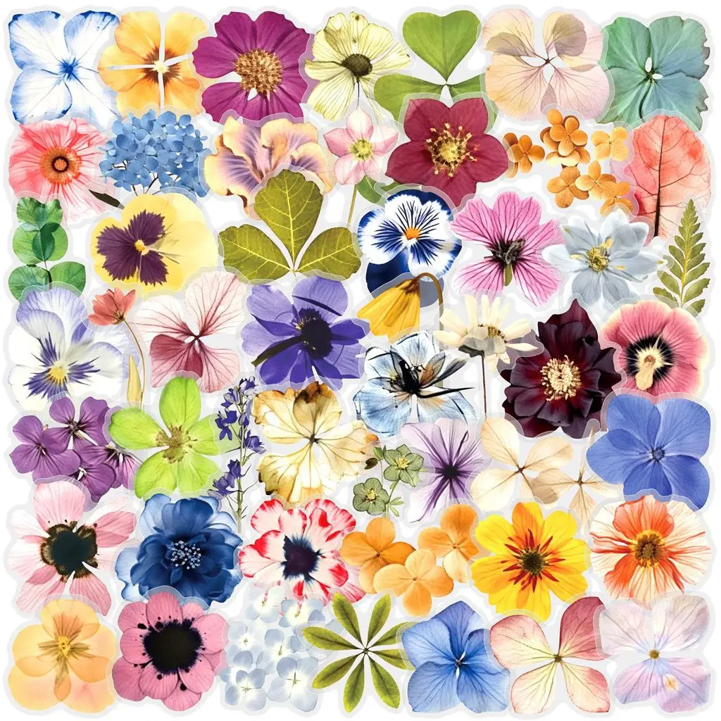 50Pcs Transparent Watercolor Large Pressed Flowers PET Stickers for Journal Bottle Tablet Decor Giajar Sticker Store