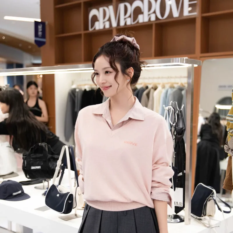 

V-Ne клетчатый лоскутный трикотаж, топ, повседневный женский свитер Long Sve, мягкая ткань, искусственный дизайн из двух предметов, зимняя коллекция