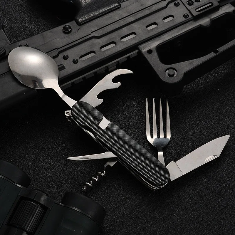 Multifunctional camping detachable folding knife, fork and spoon combination six open cutlery outdoor portable gift knife