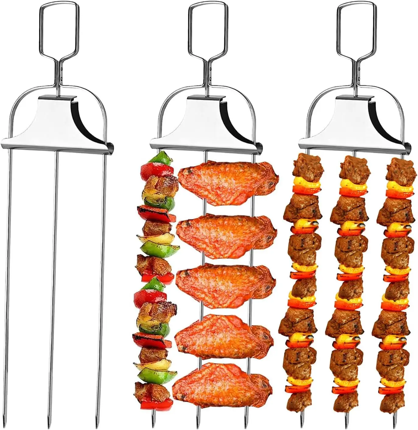 3Pcs Skewer Sticks Kabob Sticks for Grilling 14'' 3 Way Grill Skewers Metal Barbecue Skewers with Push Rod Sliders BBQ Accessory