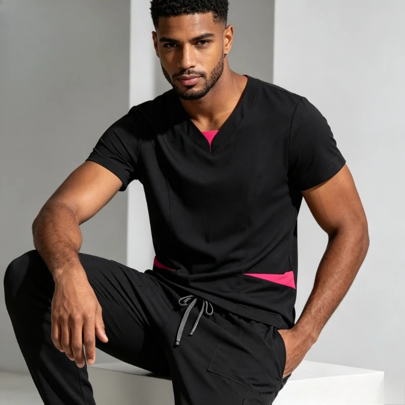 Short Sleeve Color Block Drawstring Straight Pants Uniform Stretch Breathable Pockets for Low Impact Sports Errands
