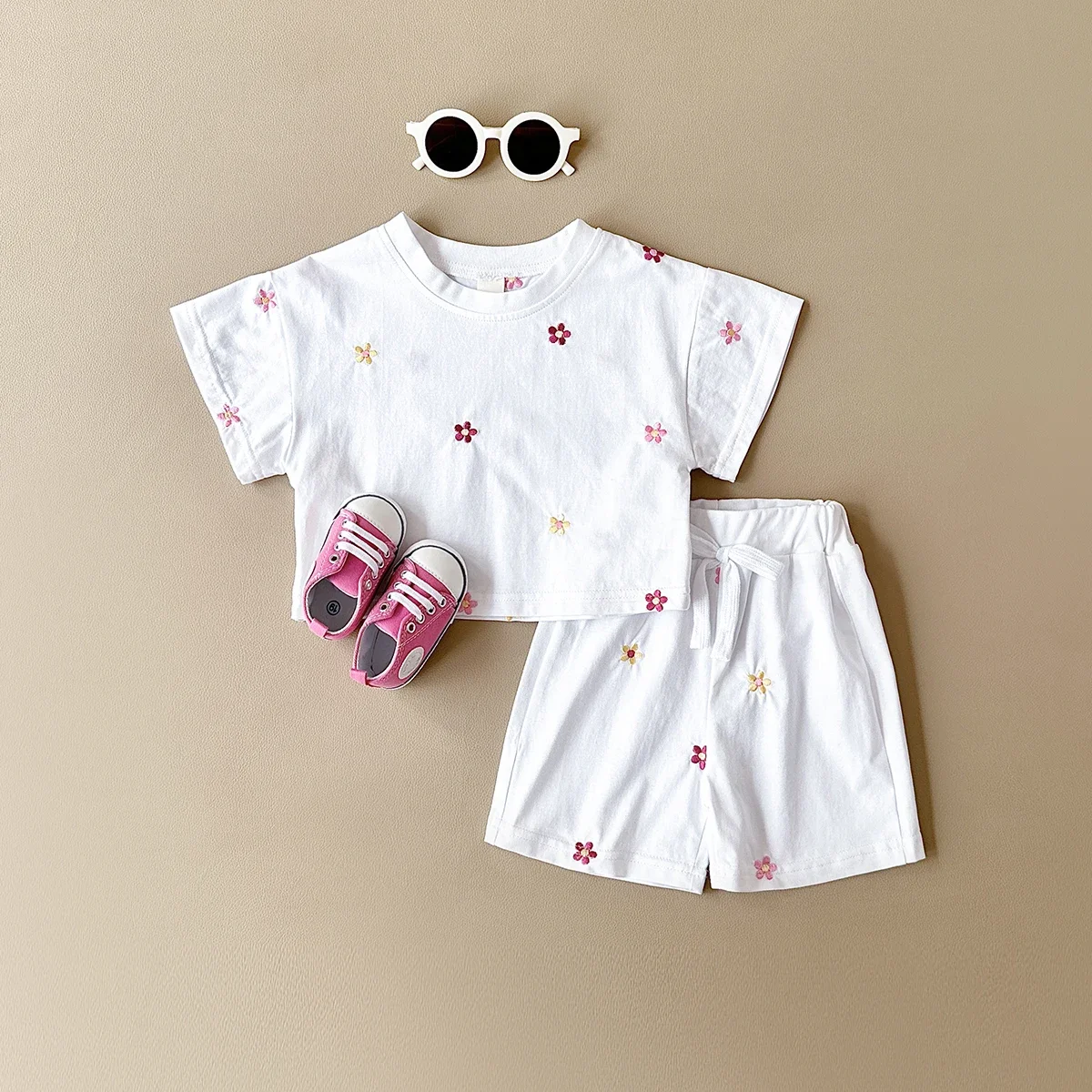 Baby Girl Clothes Sweet Casual Fragmented Embroidery Short Sleeved T-shirt+Shorts Summer Clothes Kids Outfit 2Pcs Set