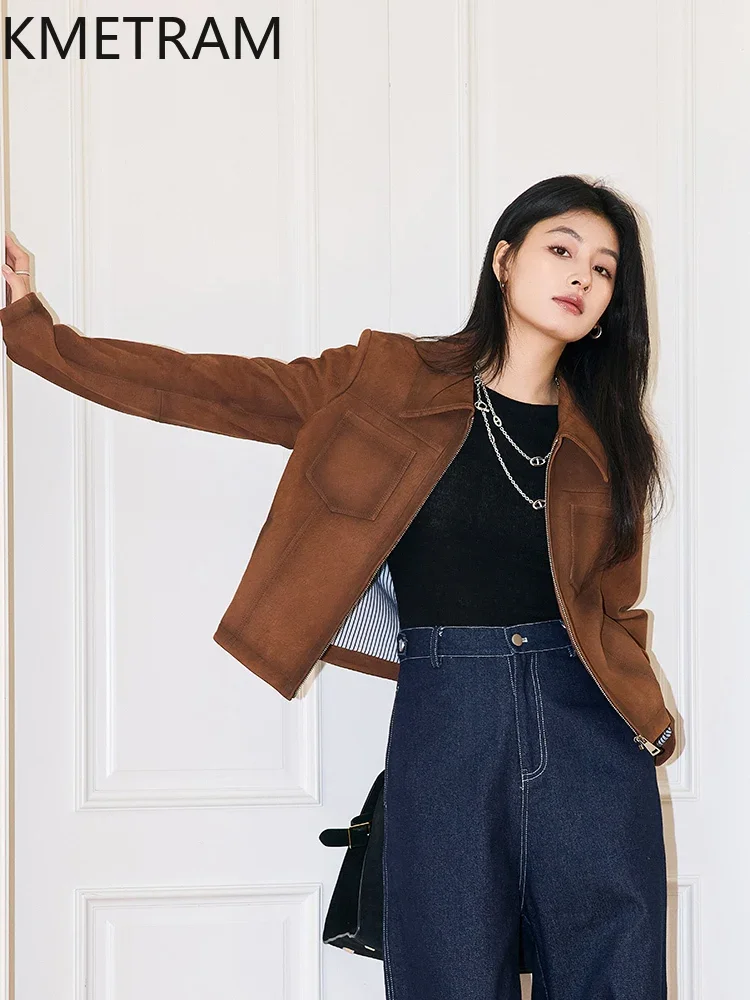 Veste en cuir suédé en peau de chèvre véritable pour femme, vestes courtes vintage, vêtements d'extérieur Chester, automne, hiver, nouveau, 2024