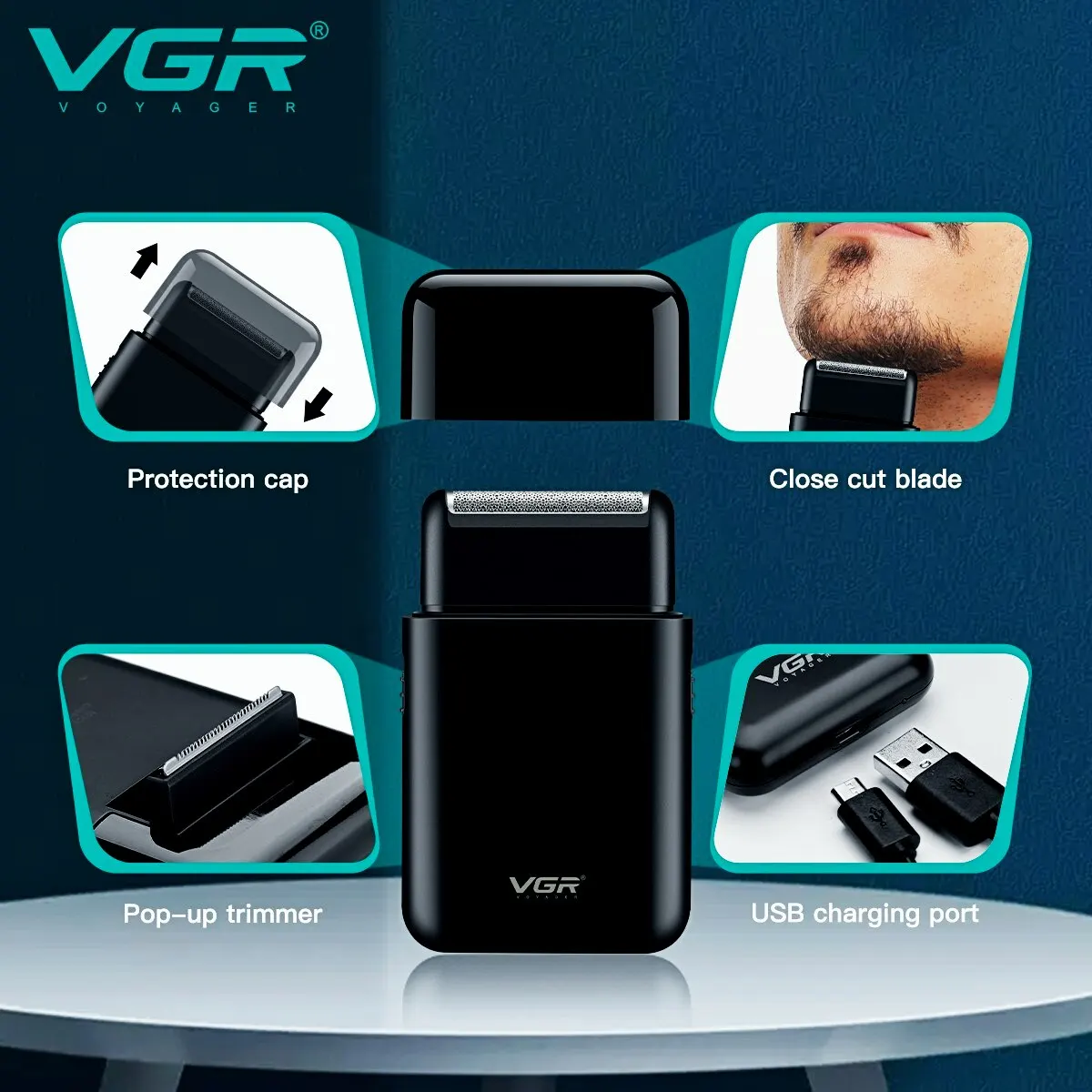 VGR 휴대용 미니 전기 면도기, 전문가용 면도기, USB 충전 수염 트리머, 남성용 V 390