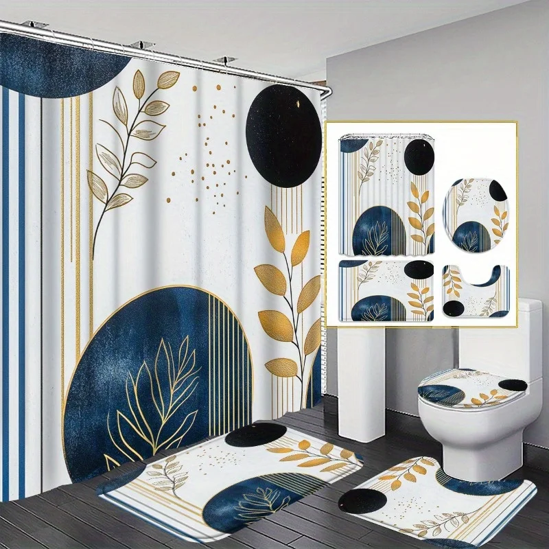 

4pc Simple botanical pattern bathroom decorations, shower curtain with hooks, non-slip mat, toilet seat cover, non-slip mat.