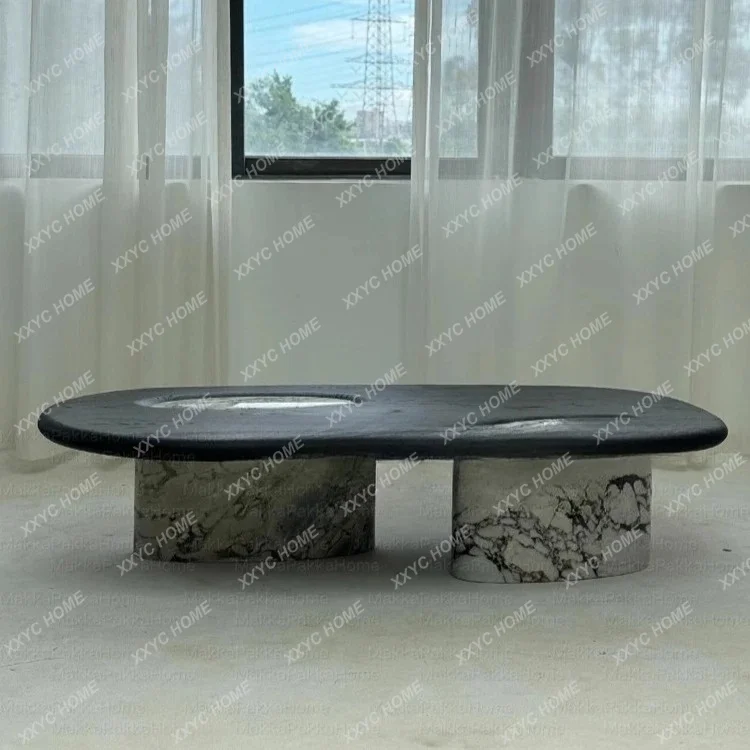 

Medieval style creative oval marble coffee table household retro style high-end artistic sense solid wood coffee table