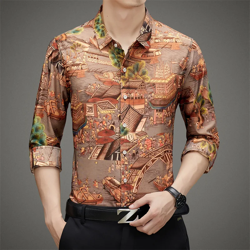 

Men's Floral Shirt, Middle-aged Jacquard Shirt Long Sleeved Chinese POPULAR Style Loose Elastic Single Ice Silk Dad's Shirt