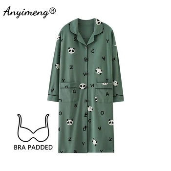 M-5XL com decote em v sutiã acolchoado sleepshirts plus size algodão camisola outono inverno feminino mangas compridas camisola casual