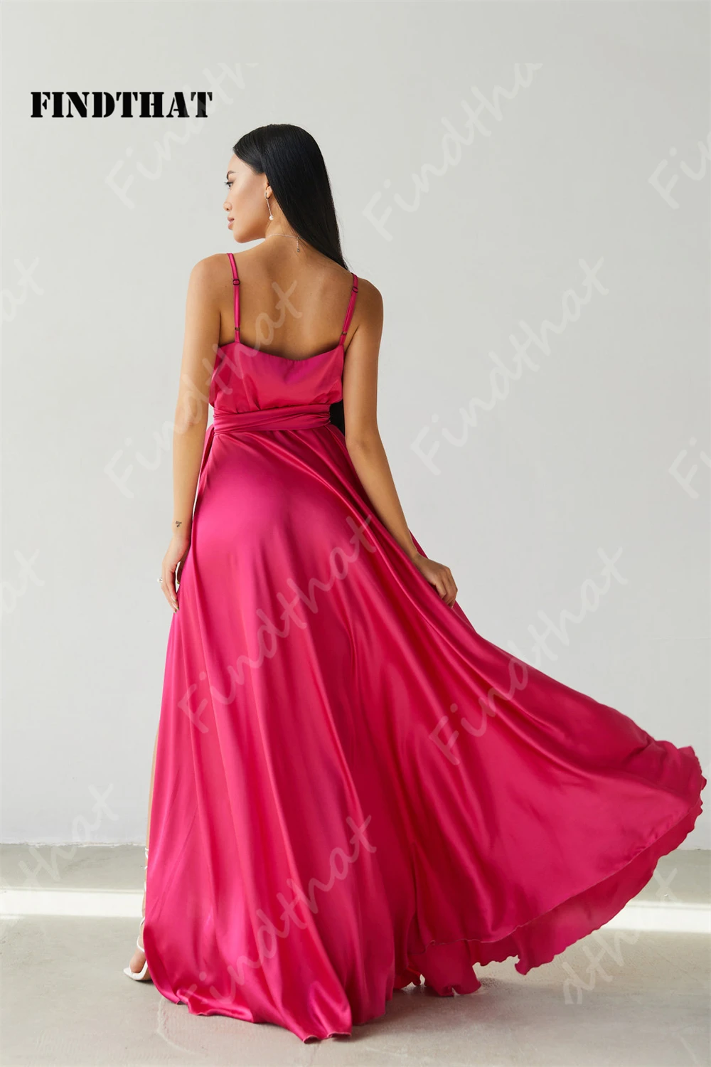 Findthat Fuchsia V-Neck Bridesmaid Dresses for Women 2024 Spaghetti-Straps Loose Satin A-Line Side Slit Party Gowns with Belt