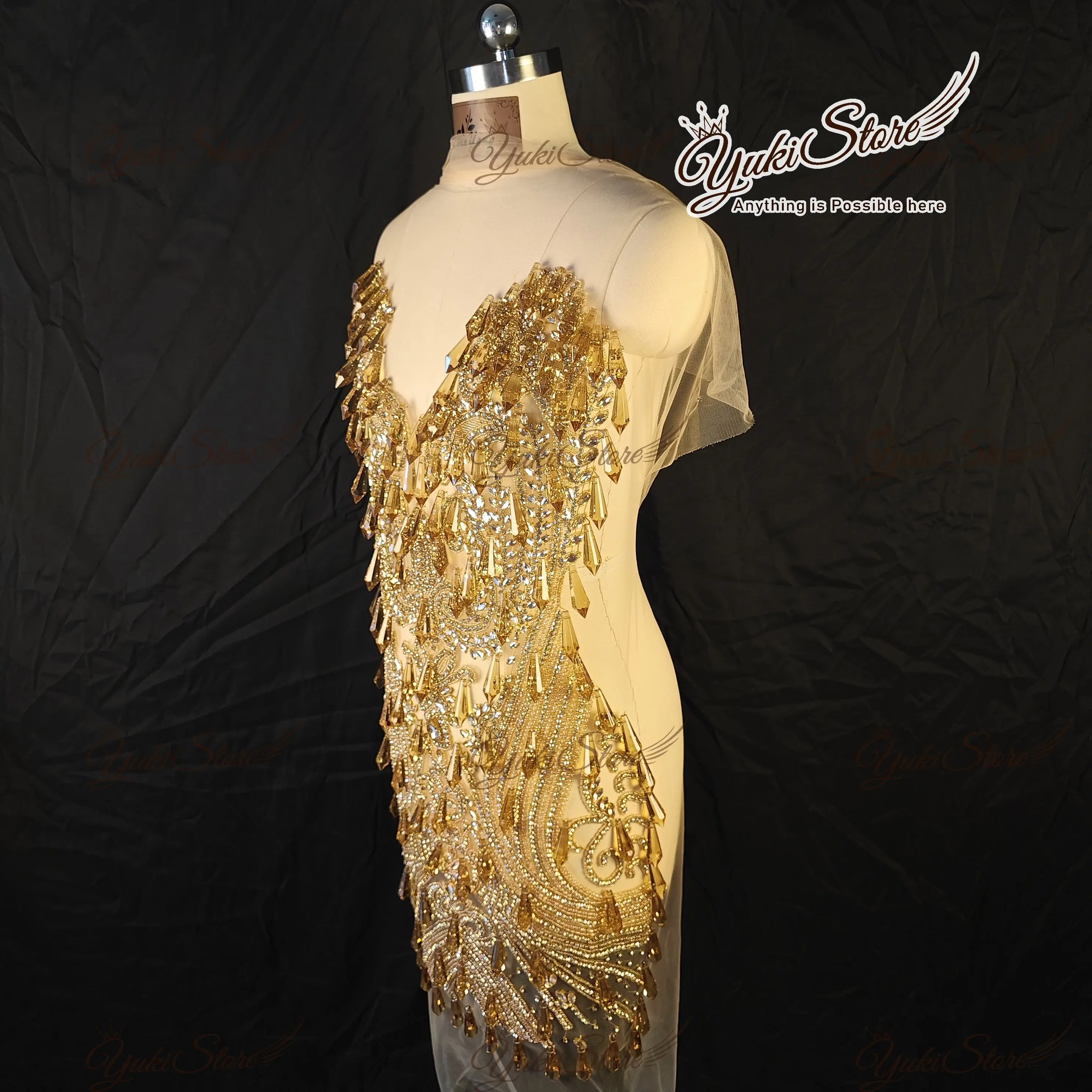 Handmade crystal diamond stone rhinestone body dress applique for wedding dress bridal party dancing dress JY093 2024