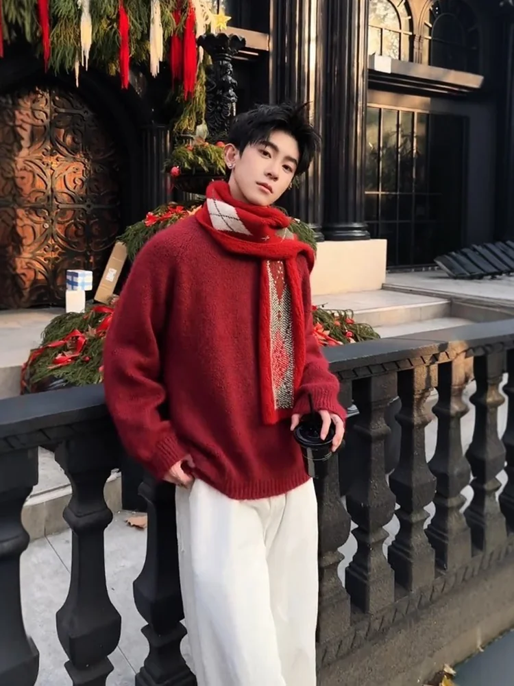 

Красный вязаный свободный мужской свитер на осень-зиму Lazy Sle, внутренняя одежда, новогоднее празднование, праздничный китайский год зодиака