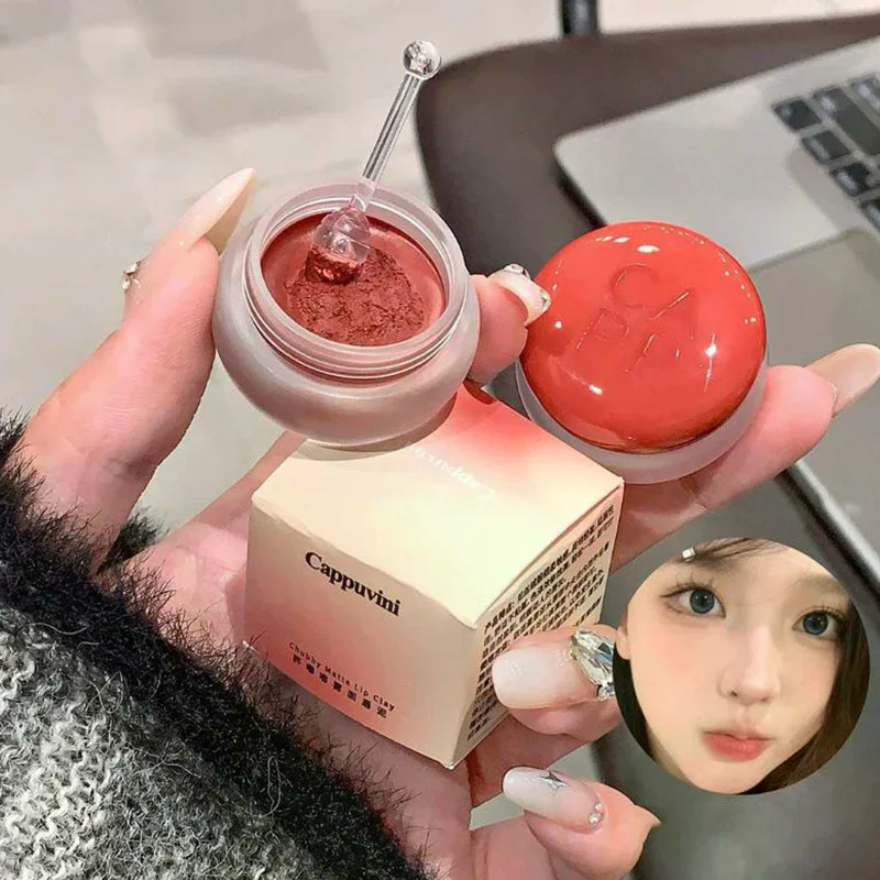 Cappuvini Canned Lip Mud Mist Lipstick Moisturizing Velvet Matte Mousse Solid Lip Gloss Cheek Blush Cream Tint Lips Cosmetic