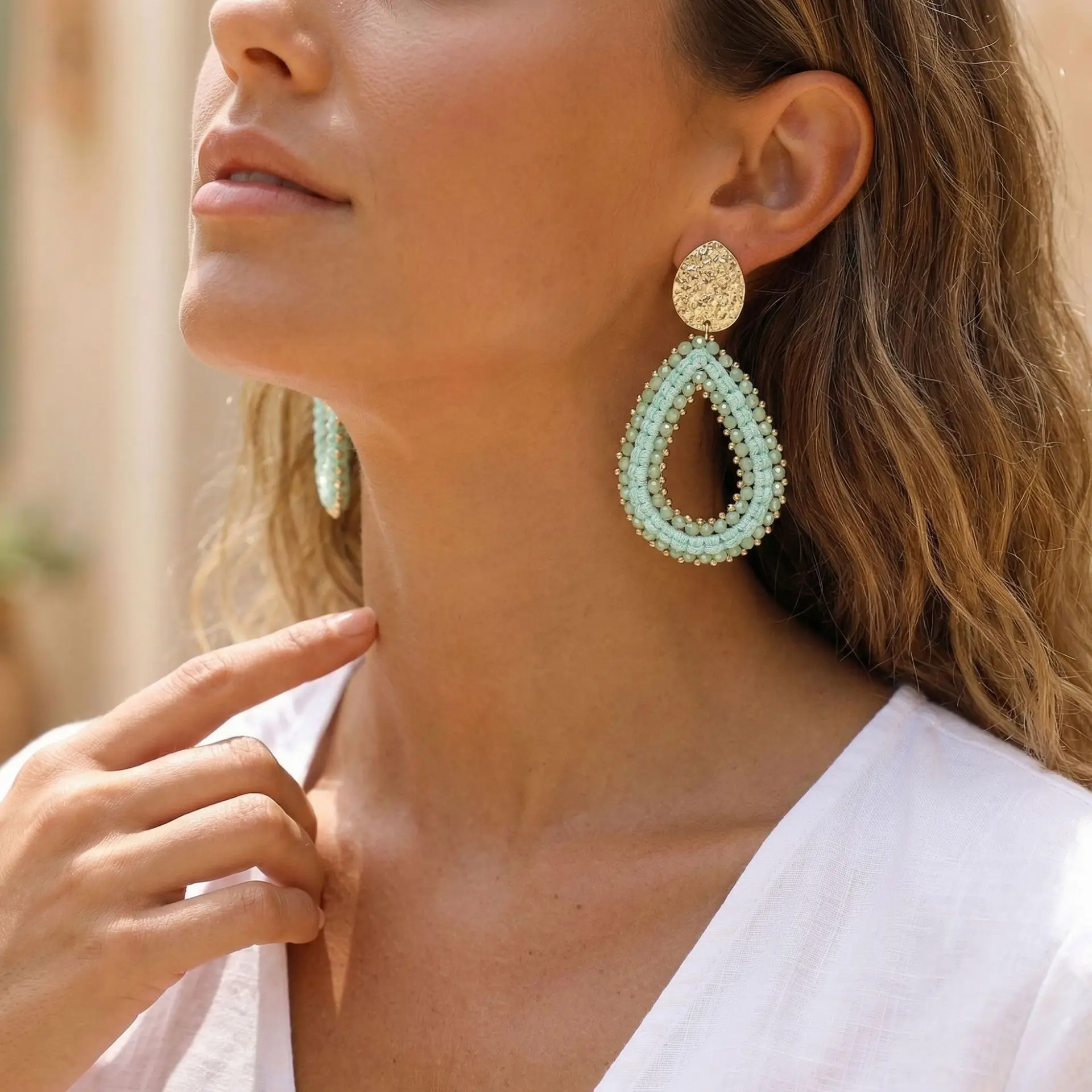 Rice bead earrings Water droplet Recessed design Crystal Hand-woven  Pattern Bohemia Alloy Woman Fashion Simple Beaded earrings